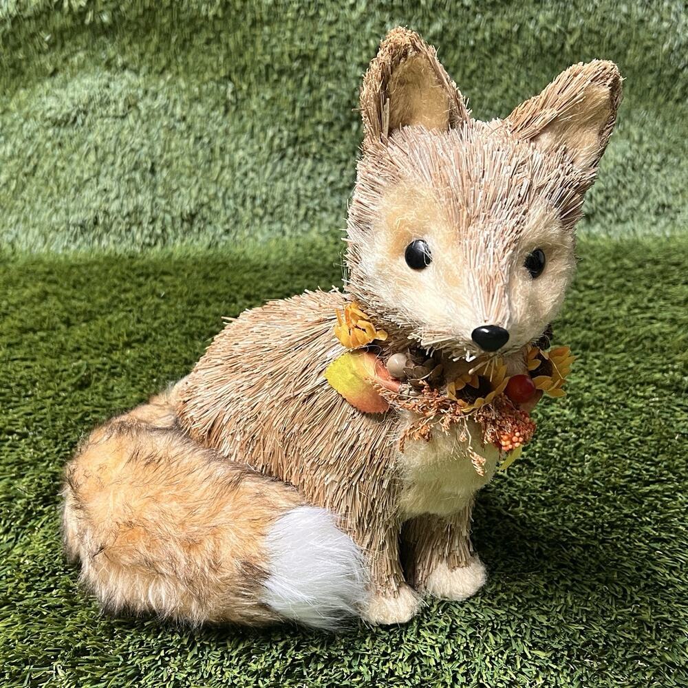 Fall Harvest Fox Figurine Rustic Woodland Decor Faux Fur Tail – 11” Tall